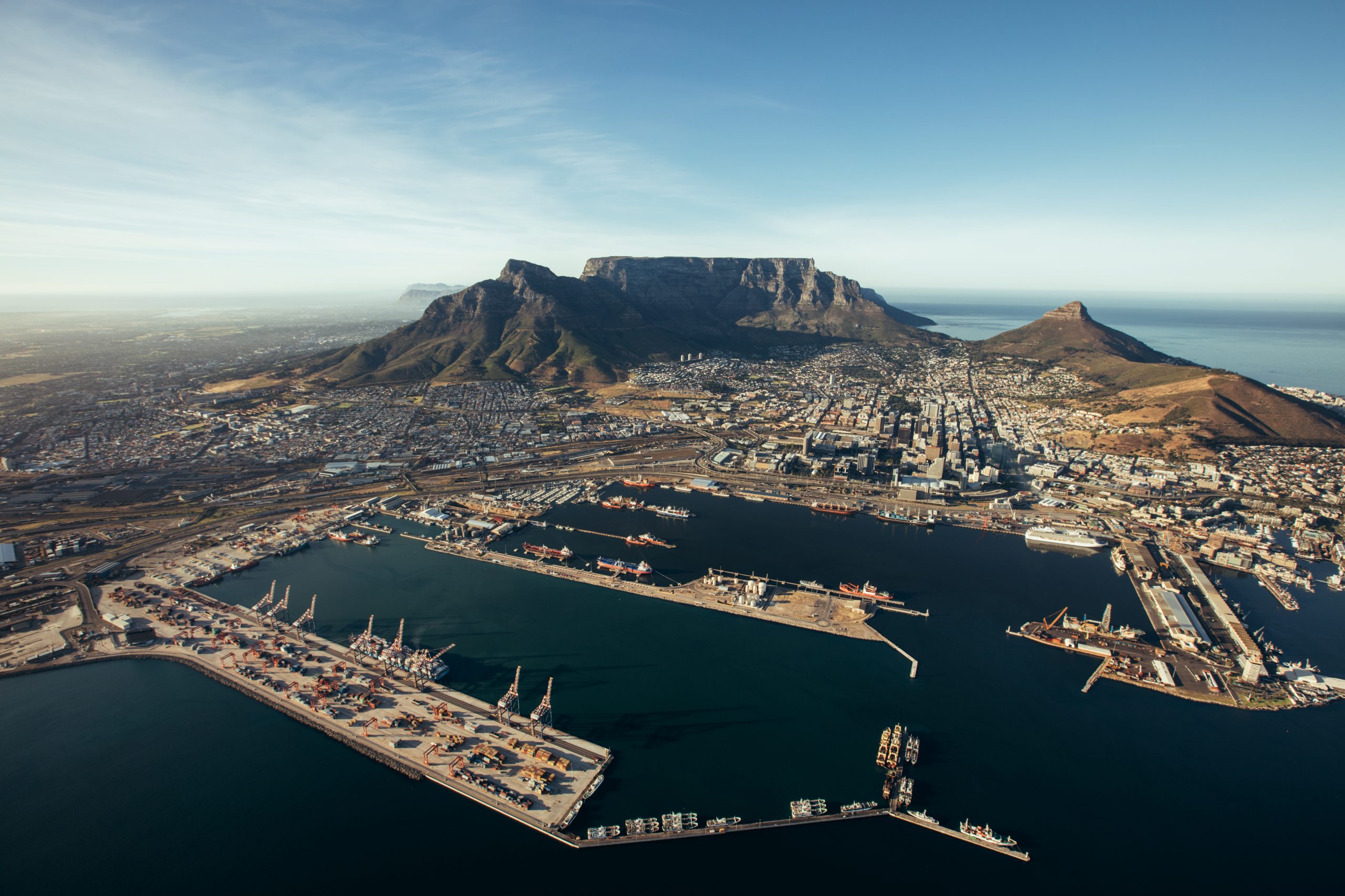 Aerial view of entrance of the port of cape town. Commercial docks of cape town harbour.